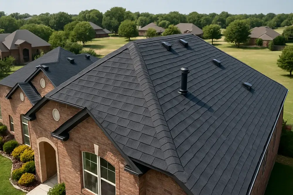 Drone shot of Wylie subdivision rooftops in midday sun showing roof ventilation tips in Wylie