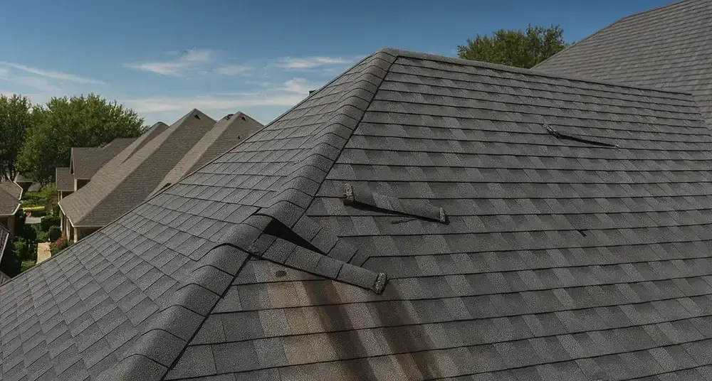 Close-up of lifted shingles and water stains showing roof repair after summer storms