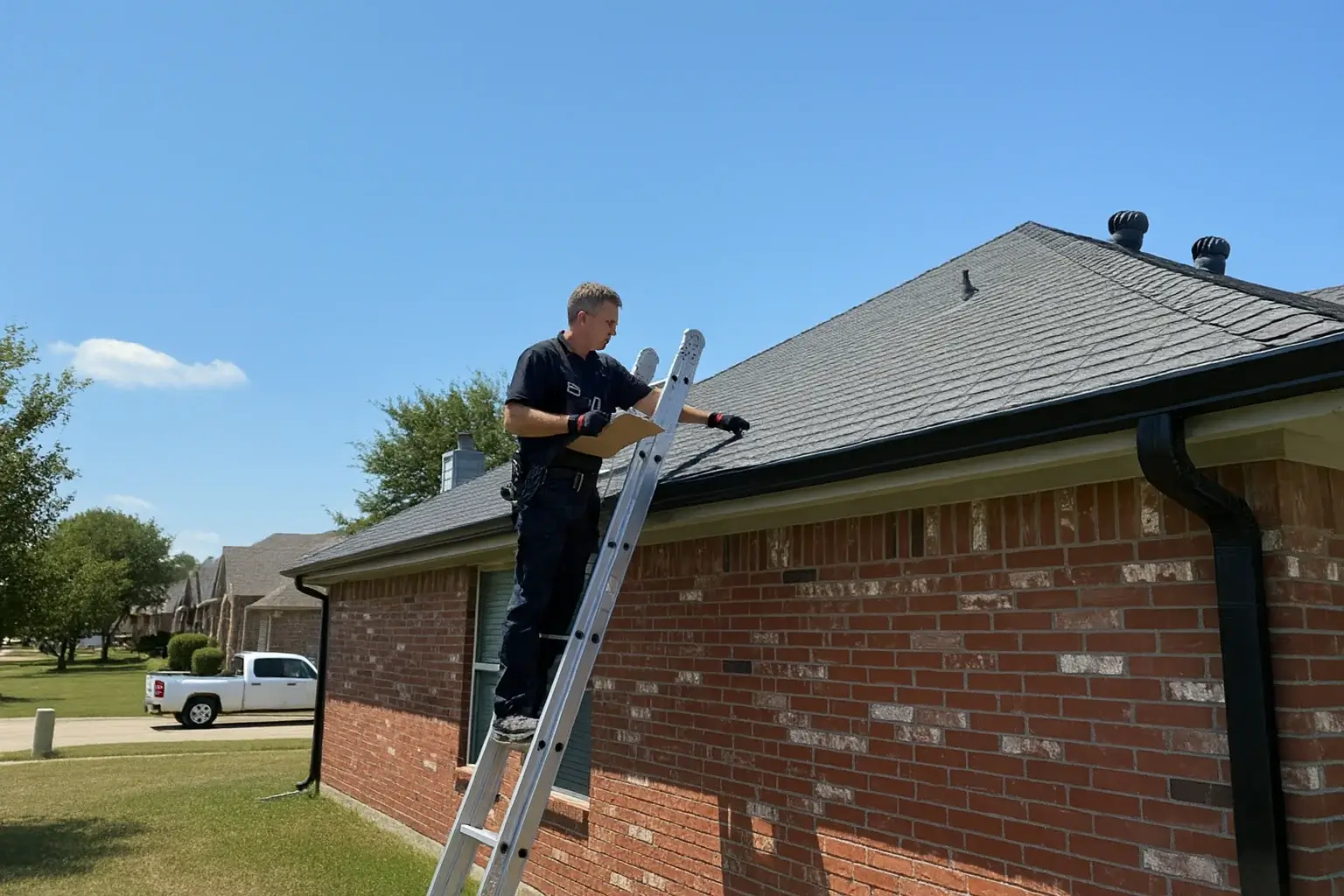 Inspector on ladder with clipboard doing the roof inspection guide