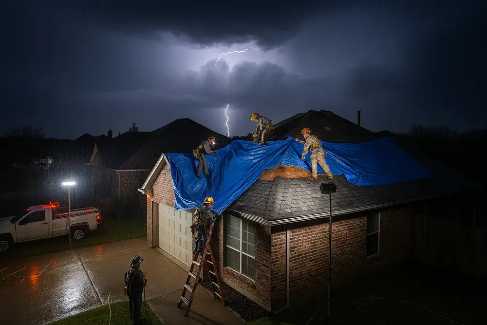 Night photo of crew tarping roof after storm for an emergency roof repair in Wylie