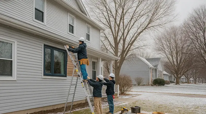 Crew repairing siding panel on home exterior in a Johnson County siding repair job